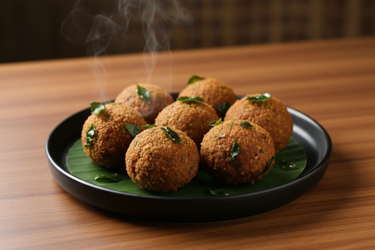 Fried kola urundai on a banana leaf in a black plate, with curry leaves