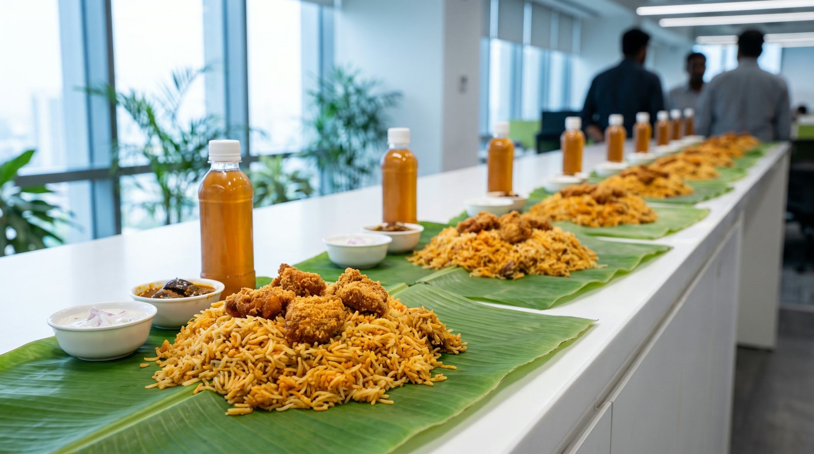 An office serving counter with a single row of banana leaves, fried chicken biriyani served in a heap on each, bottled nannari sharbat down the length of it