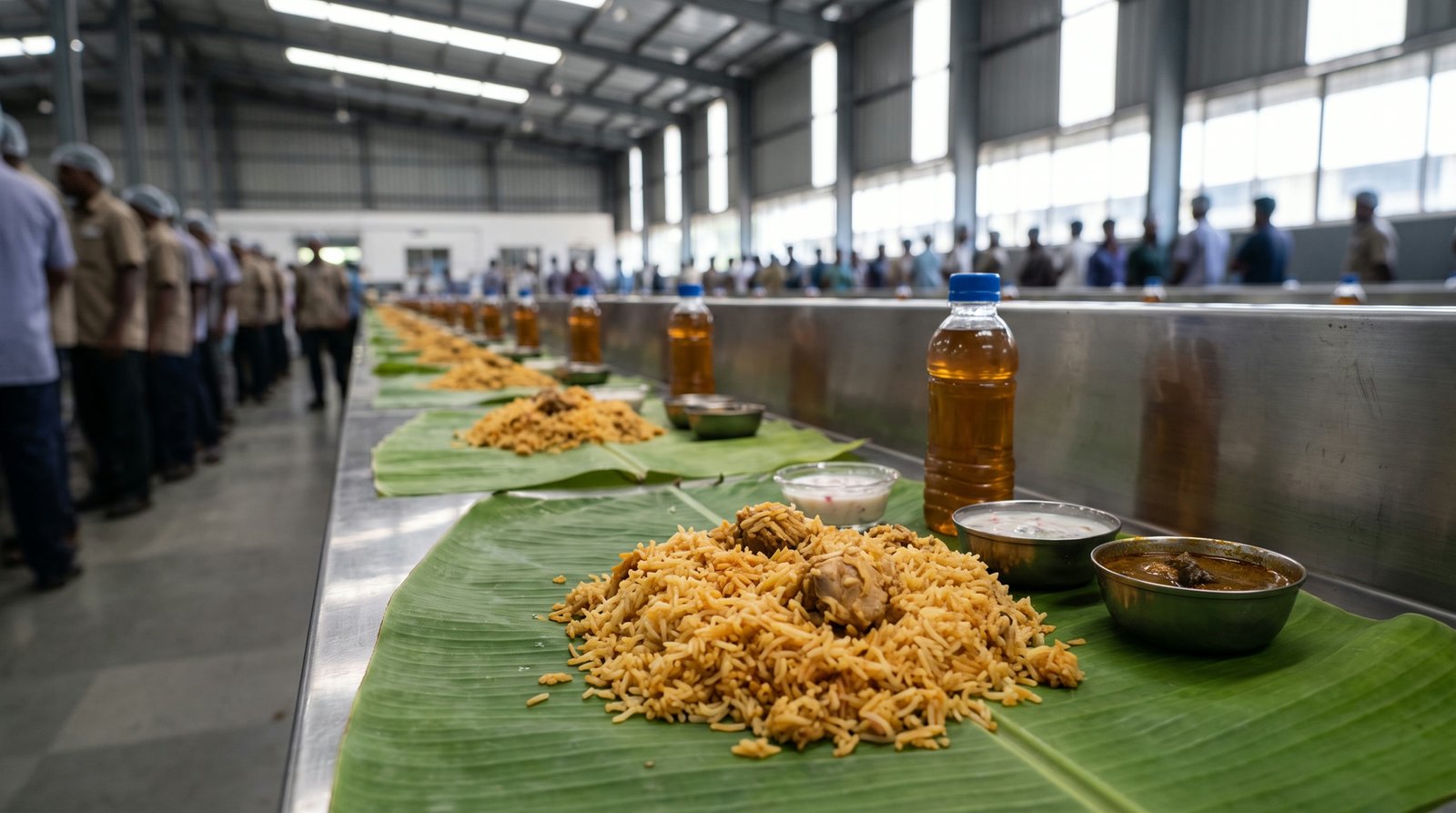 A factory canteen counter with a single row of banana leaves, chicken biriyani served in a heap on each with raita, brinjal curry and bottled nannari sharbat, workers queueing in the background