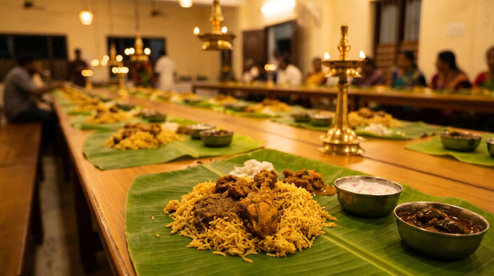 A long wedding table laid with a single row of banana leaves, masala chicken biriyani served in a heap on each leaf with raita and brinjal curry in steel bowls, brass lamps along the table