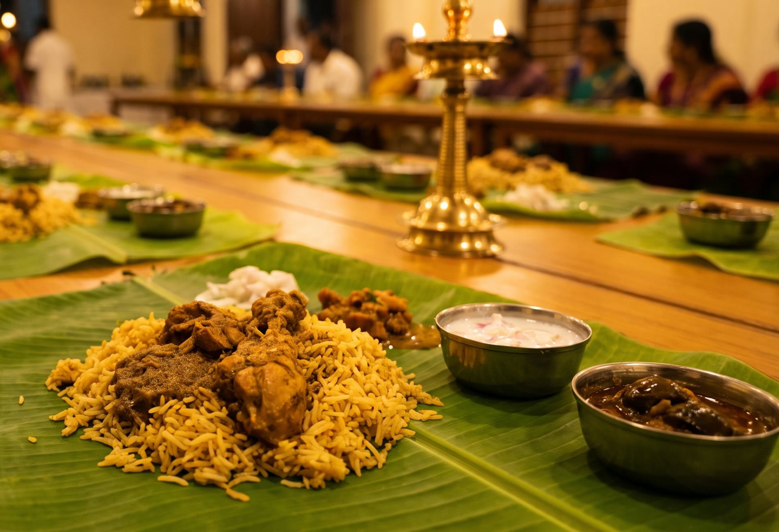 Masala chicken biriyani served in a heap on a banana leaf, with onion raita and brinjal curry in steel bowls and a brass lamp behind